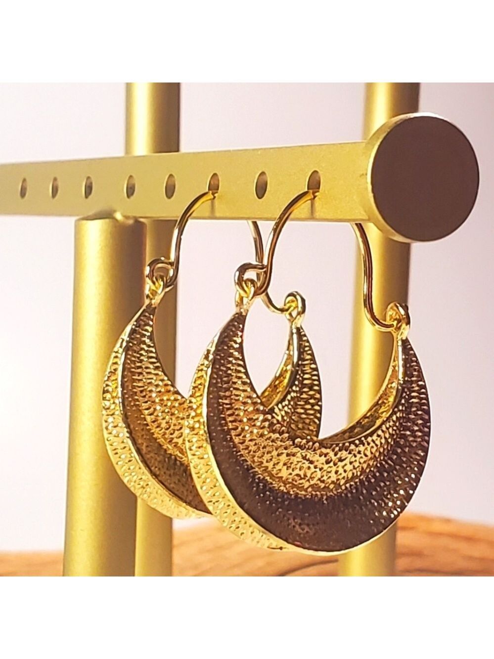 Gold Crescent Hinged Hoop Dangle Earrings with Textured Finish NWT
